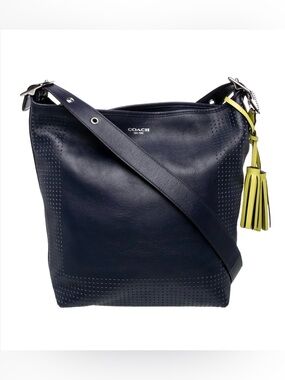 Coach Leather Navy Blue Leather Bag with Yellow Accents
